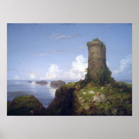 Poster Scène côtière avec tour en ruine (Devant)