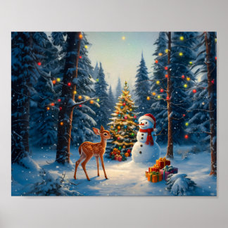 Poster Scène d'arbre de Noël Cerf Faon Bonhomme de neige