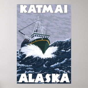 Poster Scène de bateau de pêche - Katmai, Alaska