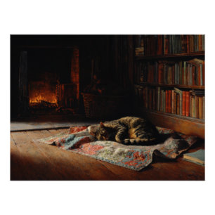 Poster Scène de bibliothèque féline au coin du feu cosy