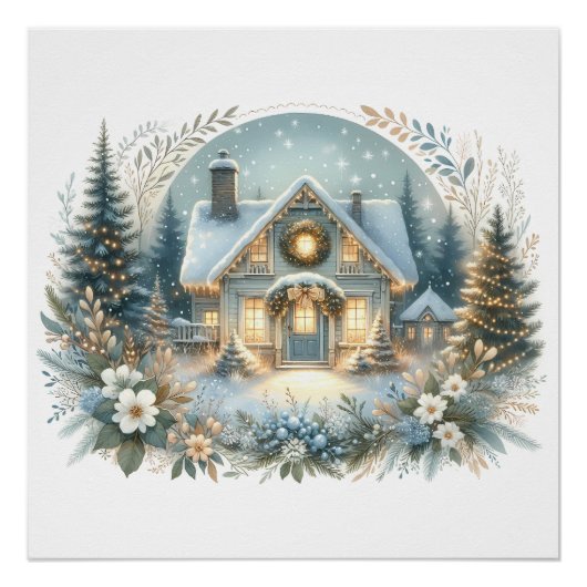 Poster Scène de cabane enneigée lumineuse (Devant)