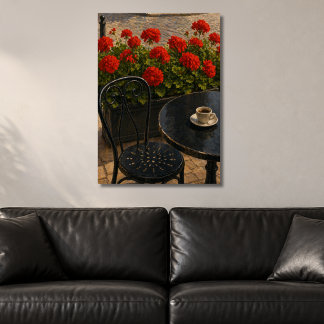 Poster Scène de café extérieur avec géraniums rouges
