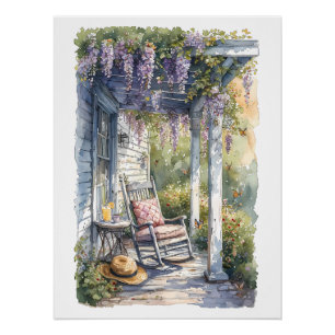 Poster Scène de chaise berçante sous la glycine sur une v