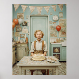 Poster Scène de cuisine surprise d'anniversaire vintage