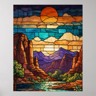 Poster Scène de désert rétro art de verre teinté montagne