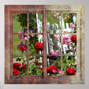 Poster Scène de fenêtre du jardin rose