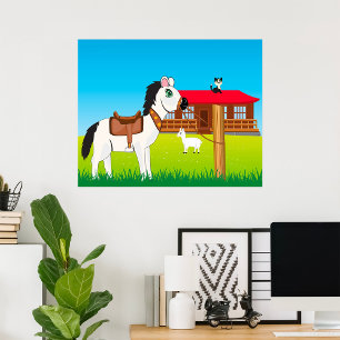 Poster Scène de ferme de dessin animé avec cheval, chat e