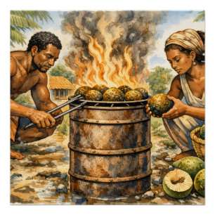 Poster Scène de fruit à pain des Caraïbes à l'aquarelle