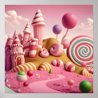 Poster Scène de la Terre des bonbons de Lollipop rose