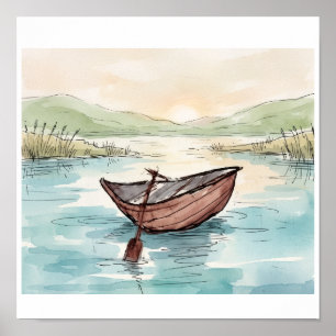 Poster Scène de lac de bateau en bois à l'aquarelle serei