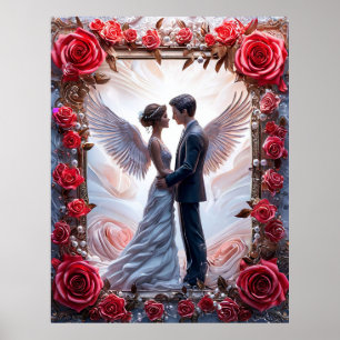 Poster Scène de mariage romantique avec des anges et un c