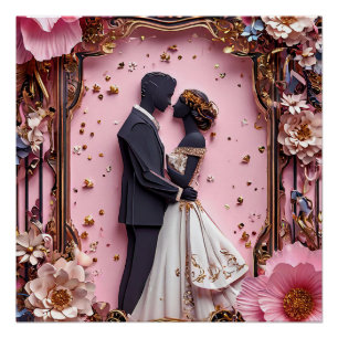 Poster Scène de mariage silhouette papier romantique