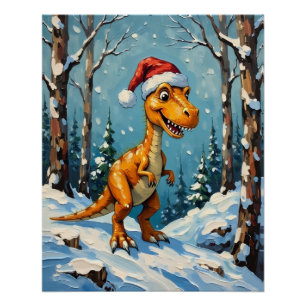 Poster Scène de Noël avec dinosaure vintage et chapeau de