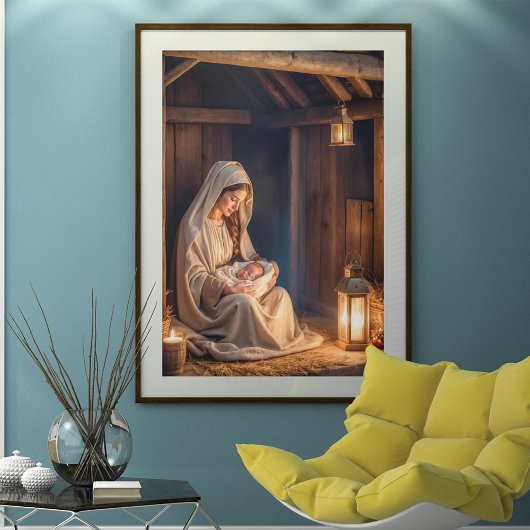 Poster Scène de Noël rustique de la Nativité Paisible Fêt