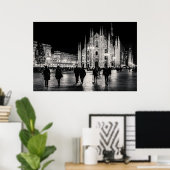 Poster Scène de nuit du Duomo noir et blanc, Milan (Bureau à domicile)