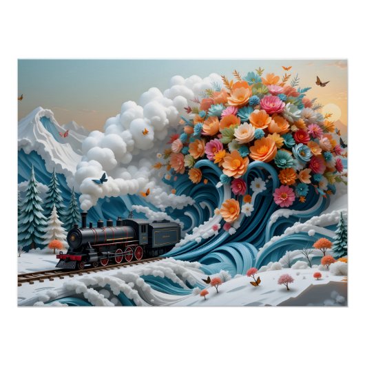 Poster Scène de Papercraft de train d'hiver (Devant)