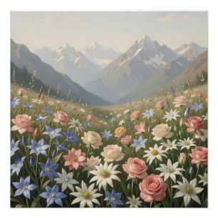 Poster Scène de paysage de montagne de prairie de fleurs