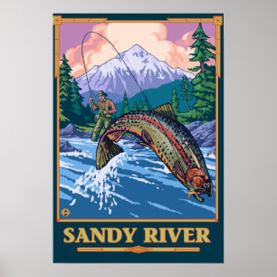 Poster Scène de pêche de mouche - rivière de Sandy,