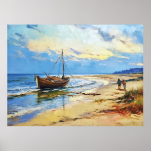 Poster Scène de pêcheurs sur la plage de la mer Baltique