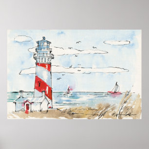 Poster Scène de phare rouge et blanc