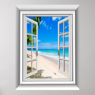 Poster Scène de plage 3D réaliste vue de fenêtre factice