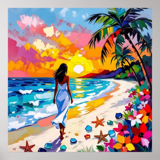 Poster Scène de plage abstraite au coucher du soleil vibr (Devant)