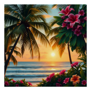 Poster Scène de plage de Sunset tropical avec palmiers