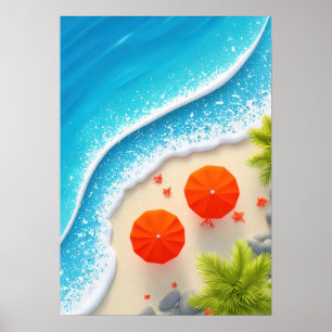 Poster scène de plage estivale avec parasols orange et oc