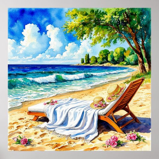 Poster Scène de plage relaxante avec chaise longue (Devant)