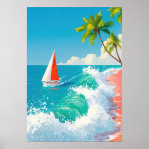 Poster scène de plage tropicale avec voilier et vagues