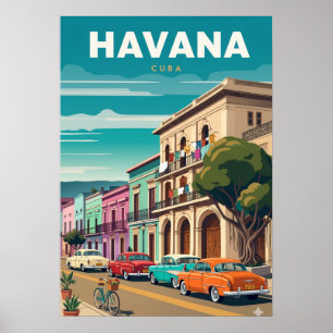 Poster Scène de rue vibrante de La Havane en dessin animé