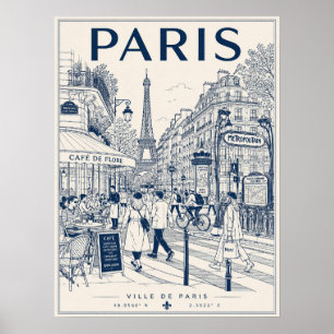 Poster Scène de rue vintage bleue de Paris illustrant la 