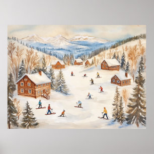 Poster Scène de skieurs vintage en hiver
