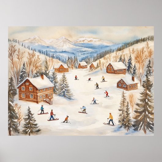 Poster Scène de skieurs vintage en hiver (Devant)