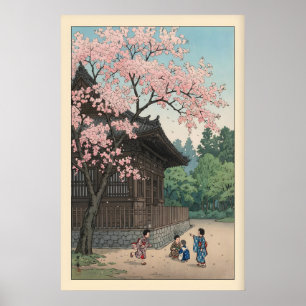 Poster Scène de temple printanier Sakura Jiin avec enfant