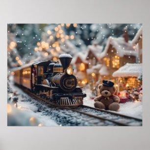 Poster Scène de train de Noël magique avec ours en peluch