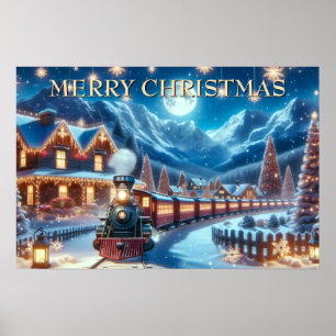 Poster Scène de train de vacances d'hiver enneigée magiqu