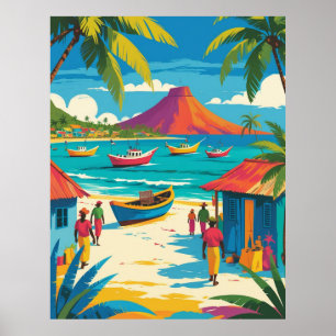 Poster Scène de vie d'île des Caraïbes des années 1950 