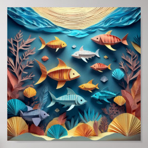 Poster Scène de vie marine en origami en 3D en papier art