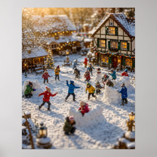 Poster Scène de village miniature de bataille de boules d