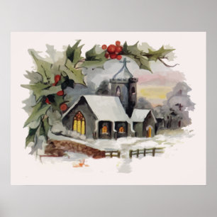 Poster Scène d'église de Noël d'aquarelle