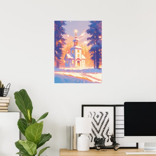 Poster Scène d'église de Noël enneigée (Bureau à domicile)