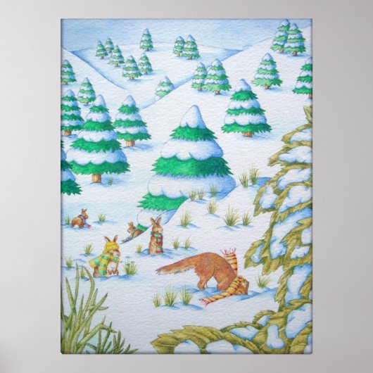 Poster scène des neiges de renards et de lapins mignons (Devant)