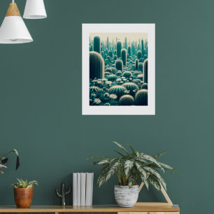 Poster Scène désertique vibrante, grands cactus, silhouet