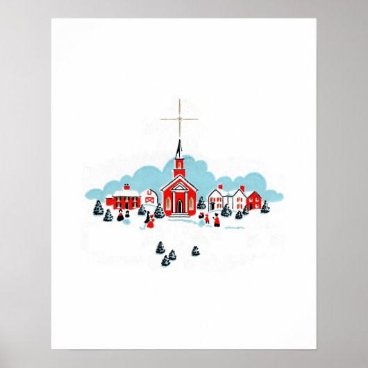 Poster Scène d'hiver avec une église rouge et l'étoile de (Devant)