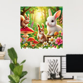 Poster Scène fantaisiste de forêt avec lapins, écureuils (Bureau à domicile)