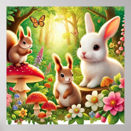 Poster Scène fantaisiste de forêt avec lapins, écureuils (Devant)
