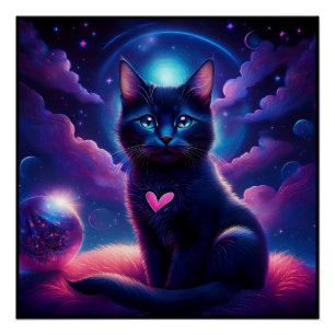 Poster Scène Fantastique Chat Noir Beaux Yeux Bleus