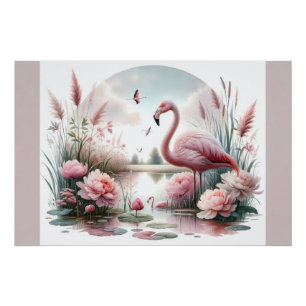 Poster Scène florale de flamant rose dans un étang pastel