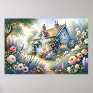 Poster Scène florale de maison bleue de jardin de campagn